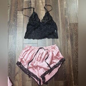 New Lace Bralette and Satin Shorts 3pc Set - Black and Pink